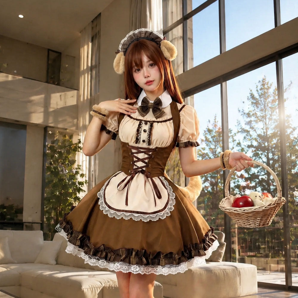 Japanese Shiba Inu Lolita Dress Corset Puff Sleeves Maid Outfit Cosplay