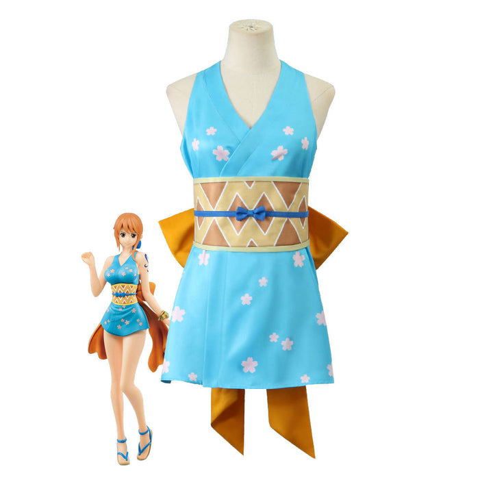 Anime Navigation Nami Kimono Blue Pajamas Fullset One Piece Cosplay Costumes