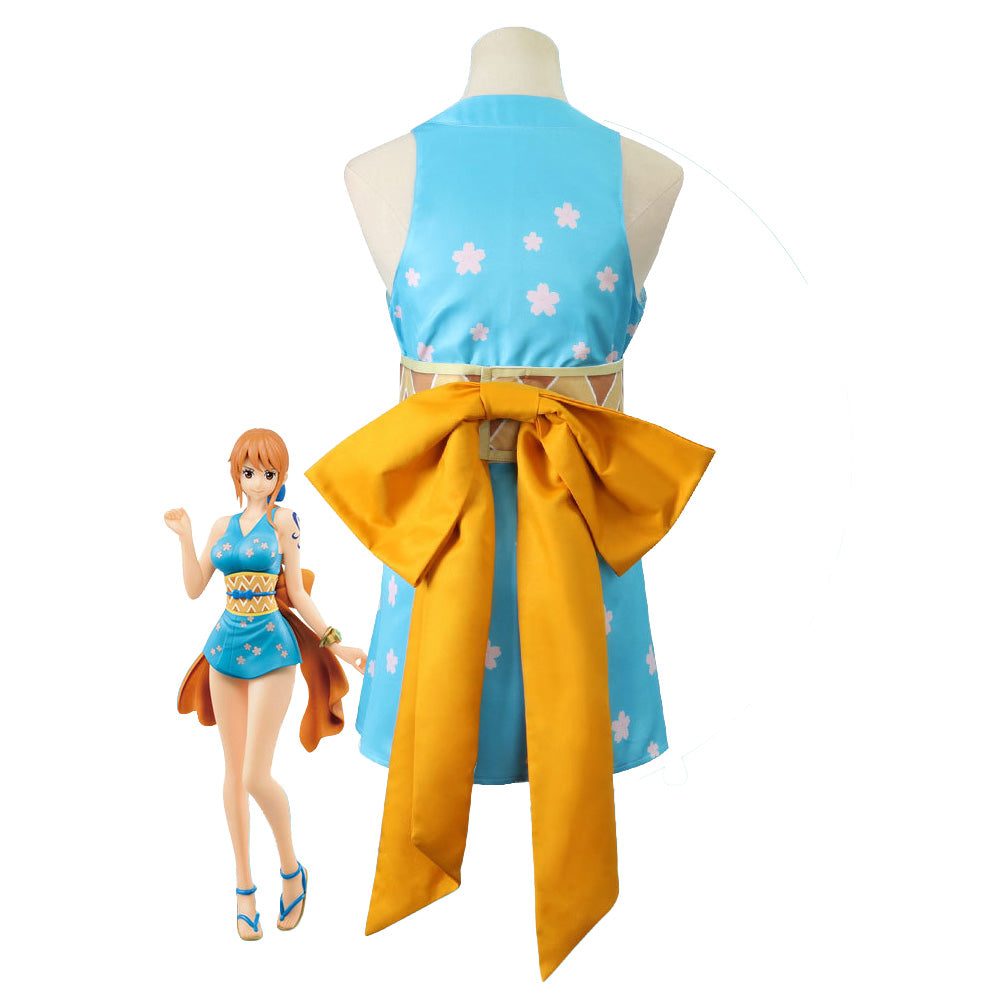 Anime Navigation Nami Kimono Blue Pajamas Fullset One Piece Cosplay Costumes
