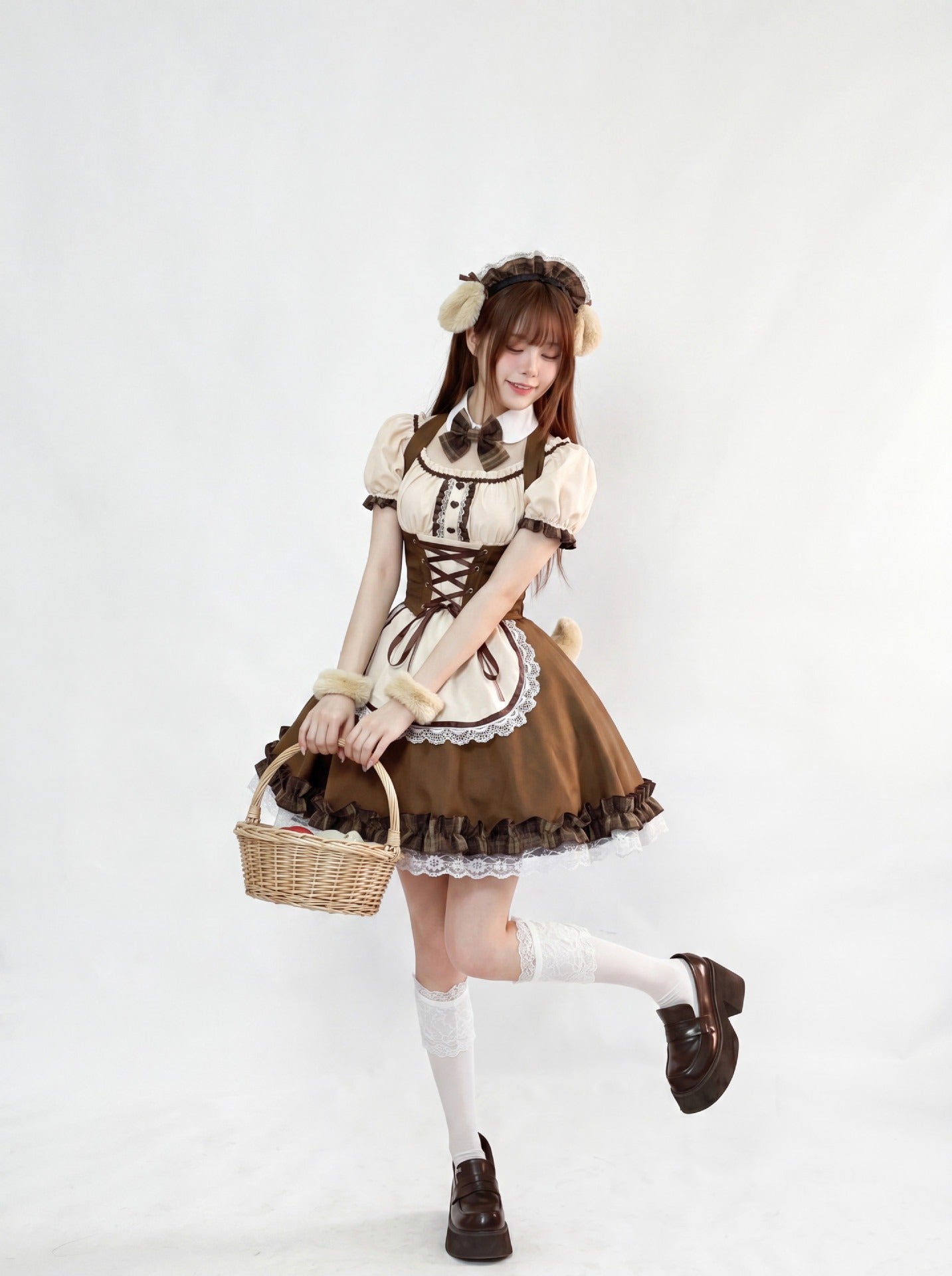 Japanese Shiba Inu Lolita Dress Corset Puff Sleeves Maid Outfit Cosplay