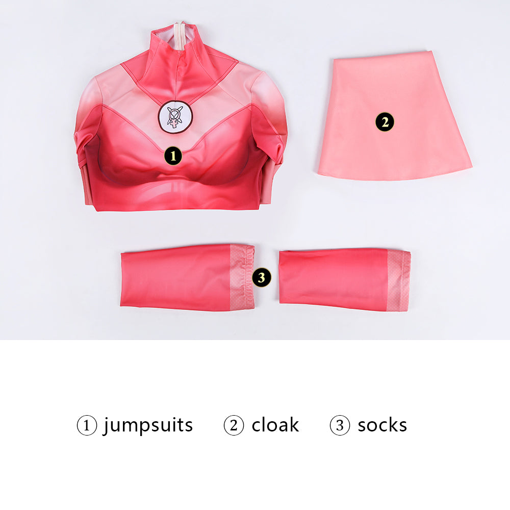 Invincible Atom Eve Female Pink Jumpsuit With Cloak Cosplay Costumes