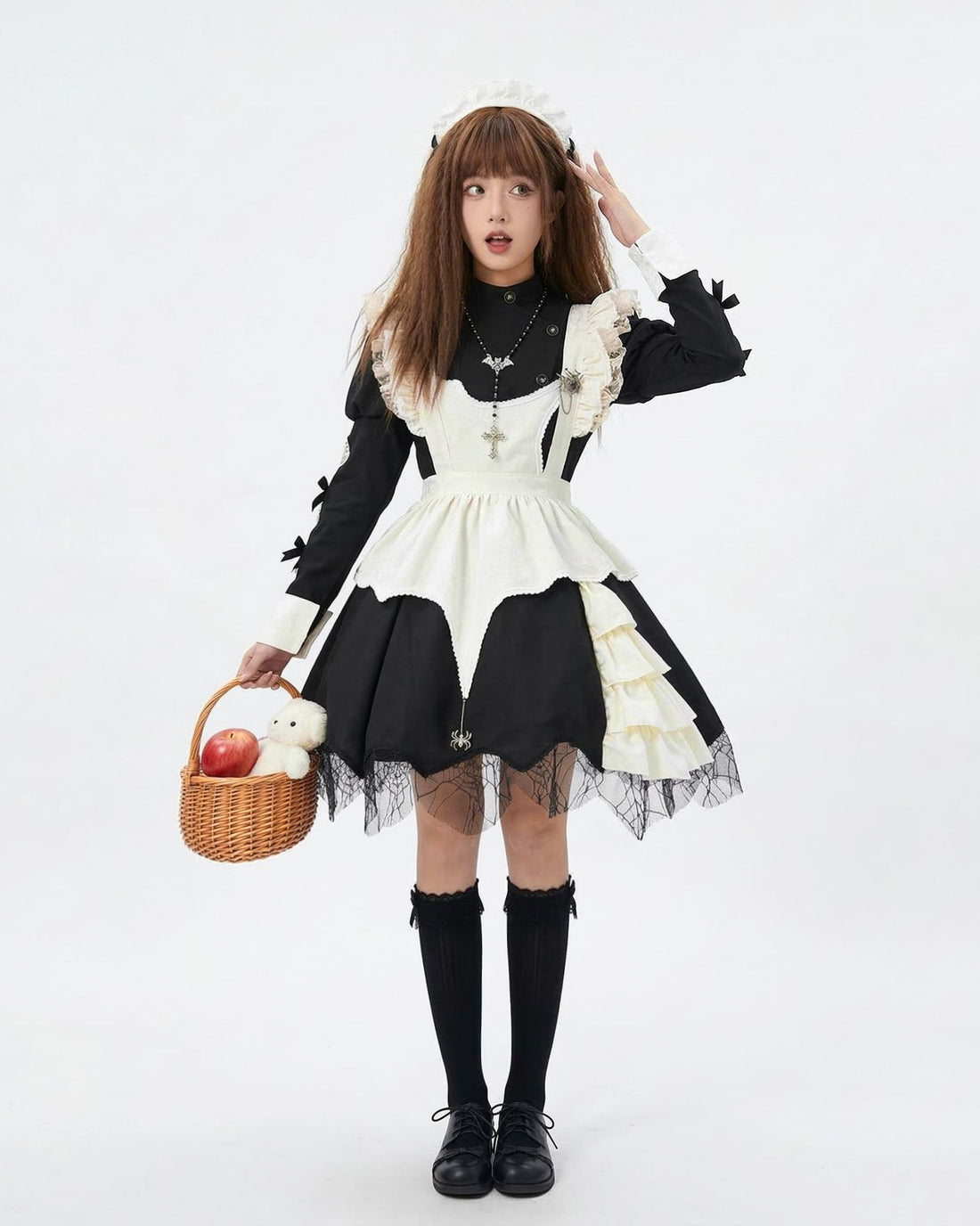 Women Sweet Lolita French Maid Dress Puff Sleeve Anime Cosplay Costume with Apron