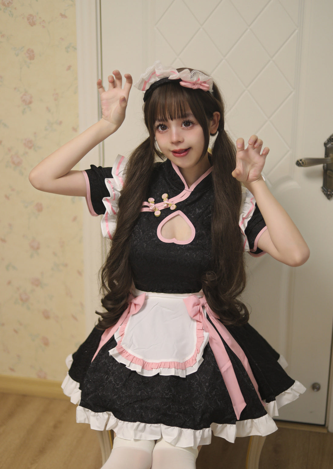 Heart-shaped Cutout Chinese Qipao Maid Outfit Lolita Dress