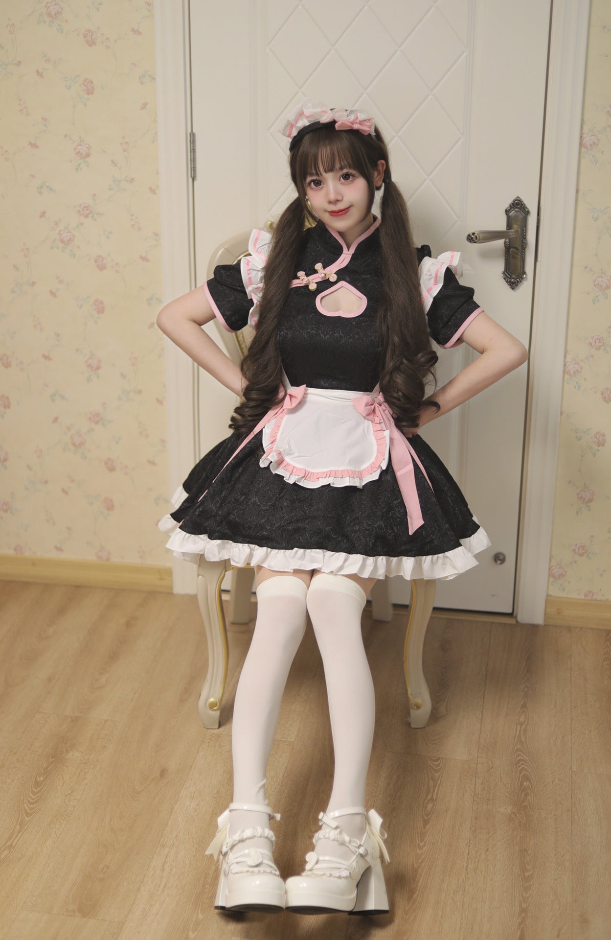 Heart-shaped Cutout Chinese Qipao Maid Outfit Lolita Dress