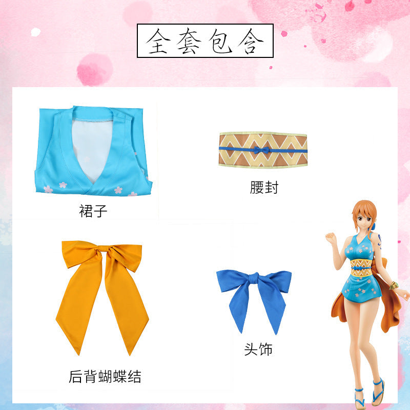 Anime Navigation Nami Kimono Blue Pajamas Fullset One Piece Cosplay Costumes