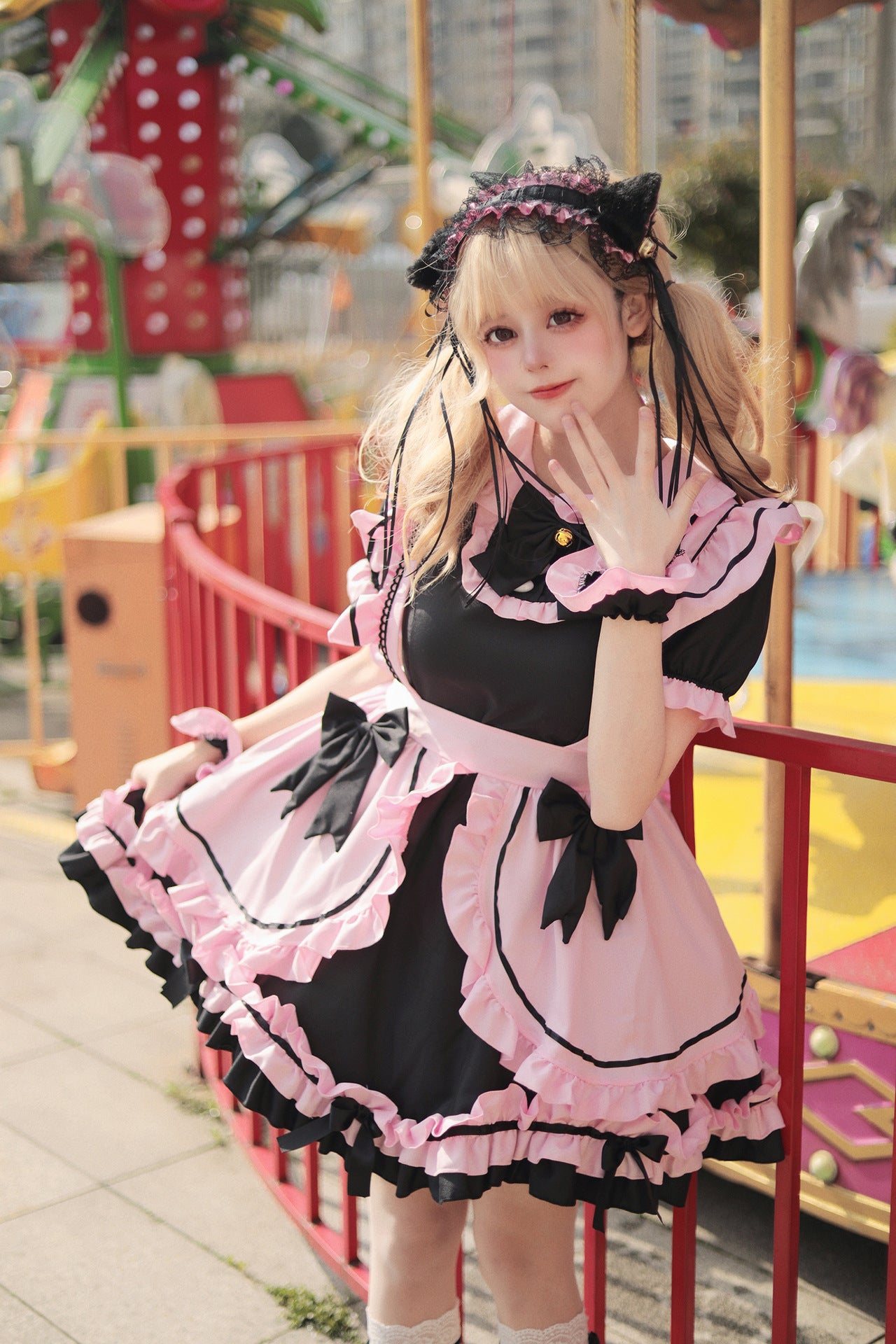 Black Pink Large Bow Lolita Maid Outfit Streamer Cosplay Dress