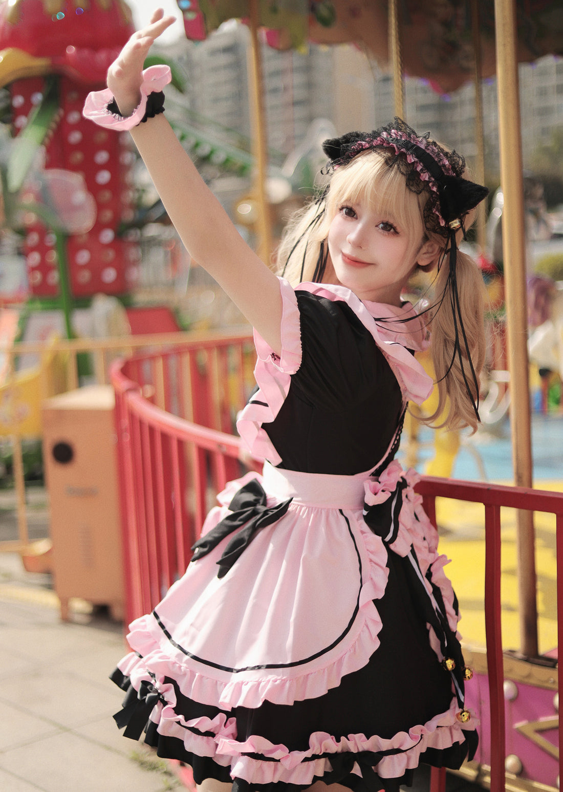 Black Pink Large Bow Lolita Maid Outfit Streamer Cosplay Dress