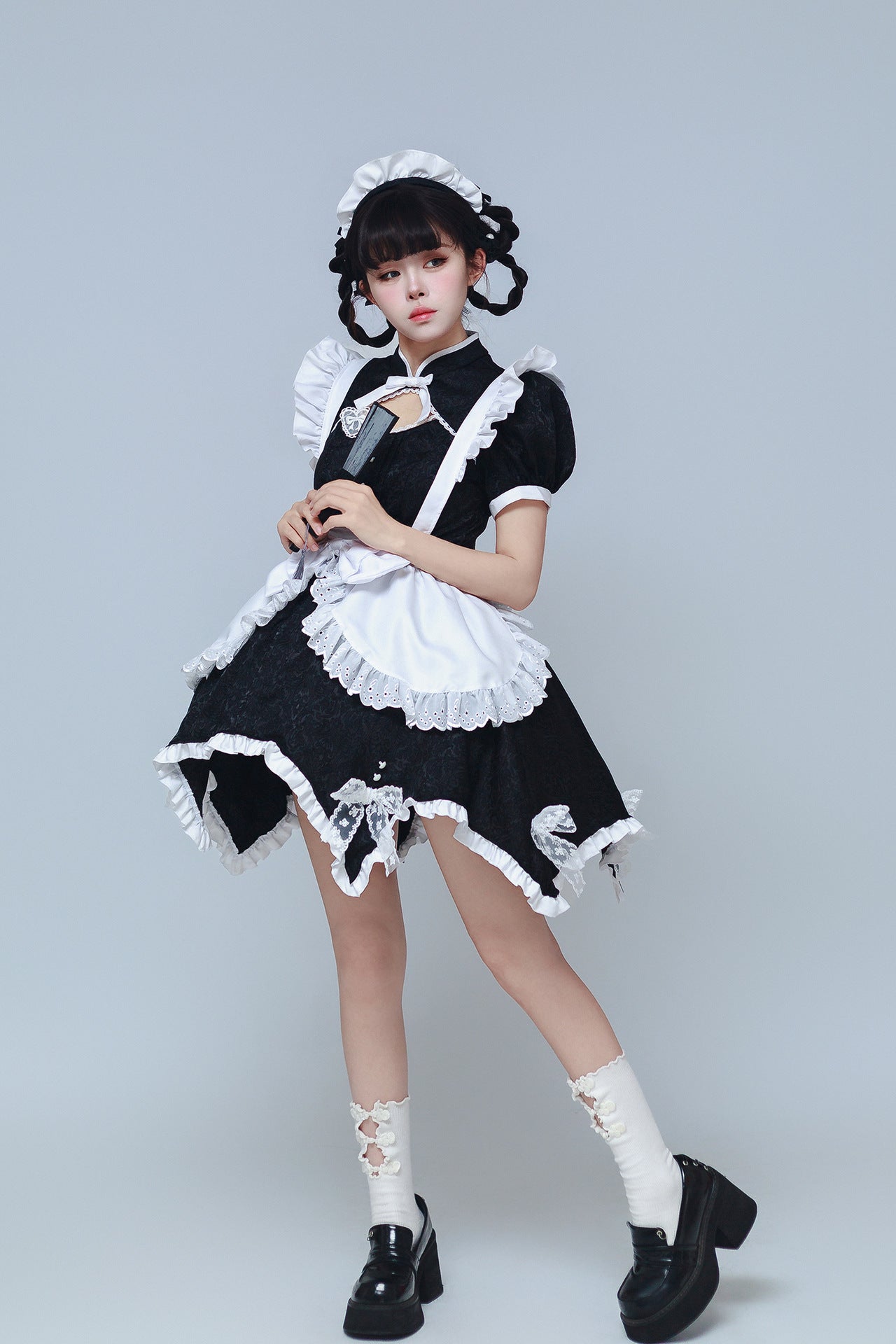 Black & White Jacquard Chinese Qipao Maid Outfit Lolita Cosplay Dress
