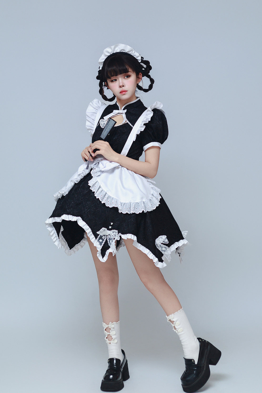 Black & White Jacquard Chinese Qipao Maid Outfit Lolita Cosplay Dress