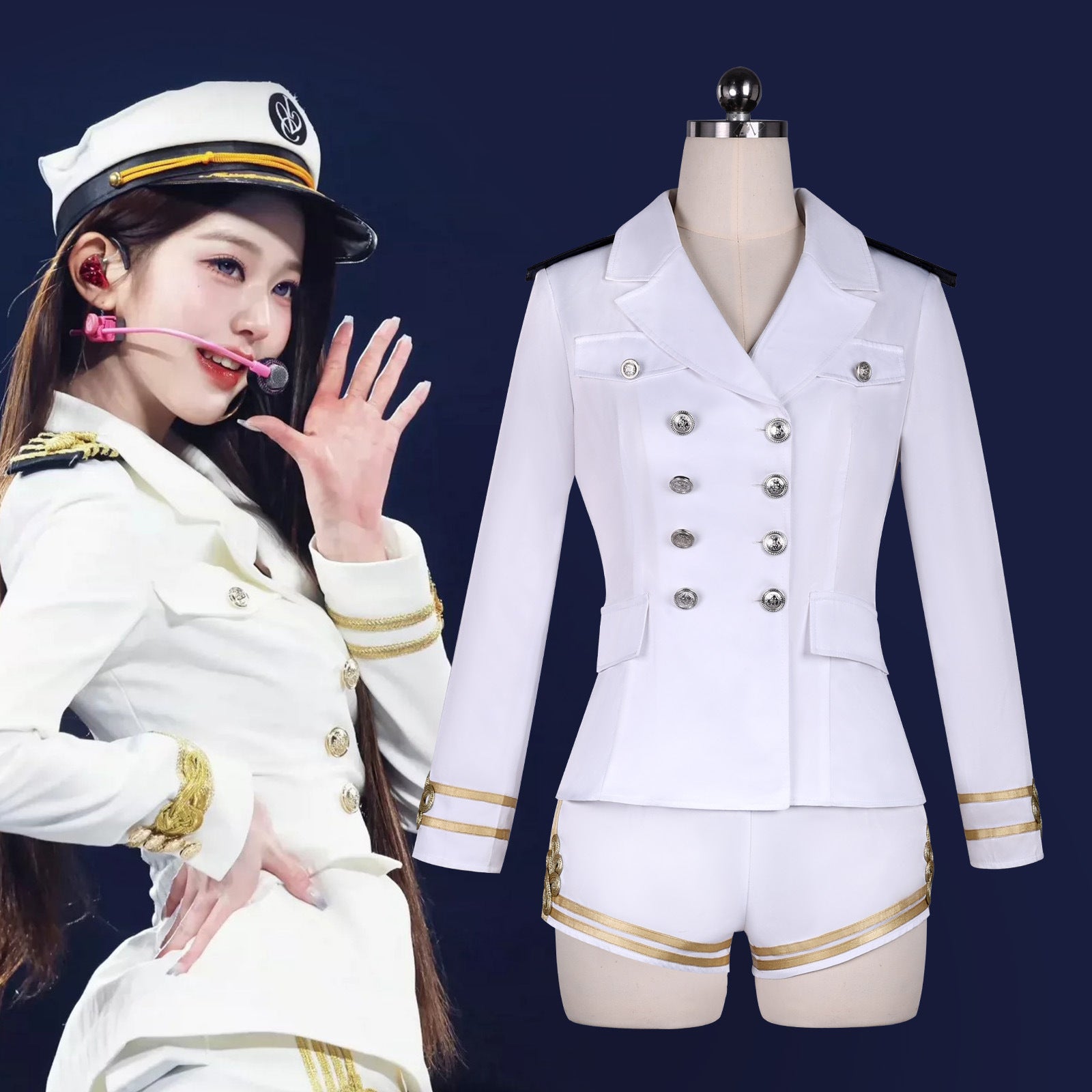 K-Pop Girl IVE Jang Won Young Same Style White Sailor Navy Uniform Stage Outfit