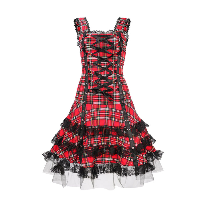Vintage Plaid Lace-Up Dress for Women - Corset Waist Ruffled Hem Cosplay Streamer Costume