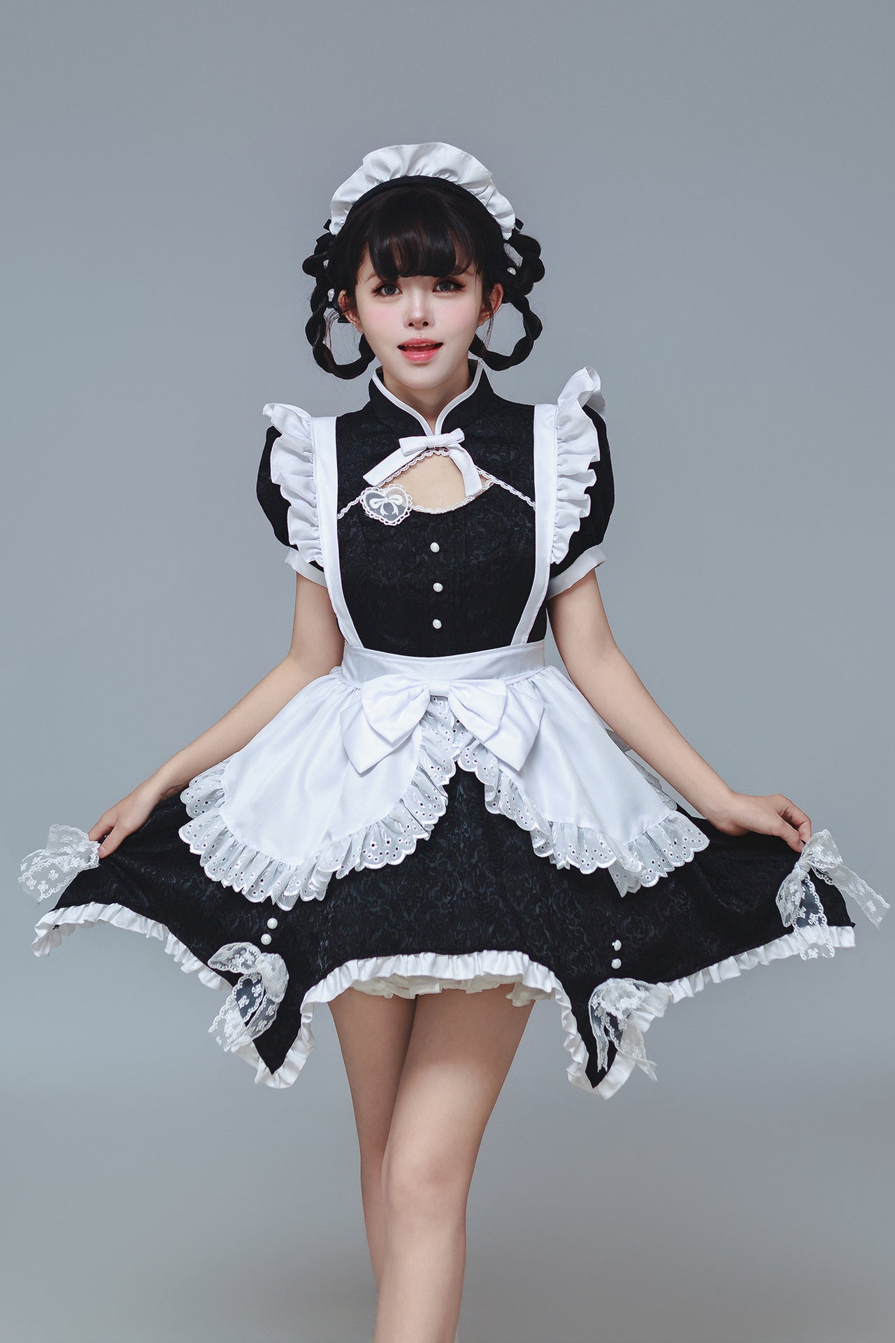 Black & White Jacquard Chinese Qipao Maid Outfit Lolita Cosplay Dress