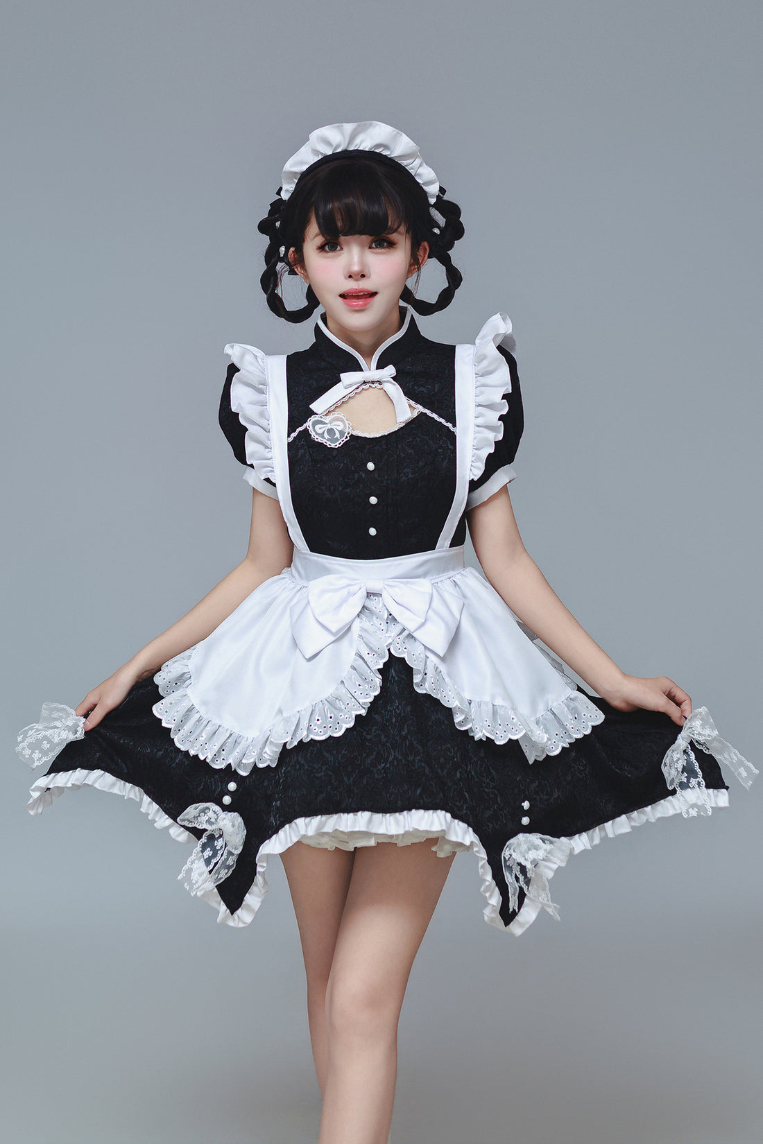 Black & White Jacquard Chinese Qipao Maid Outfit Lolita Cosplay Dress
