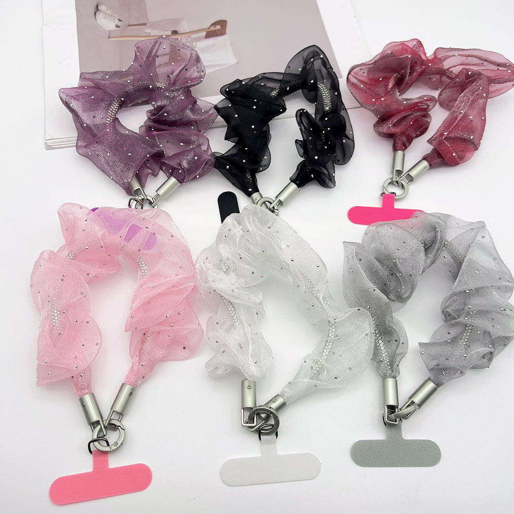 Rhinestones Tulle Wrist Phone Strap with Tether Tabs – Colon-shaped Wristlet & Hand Lanyard