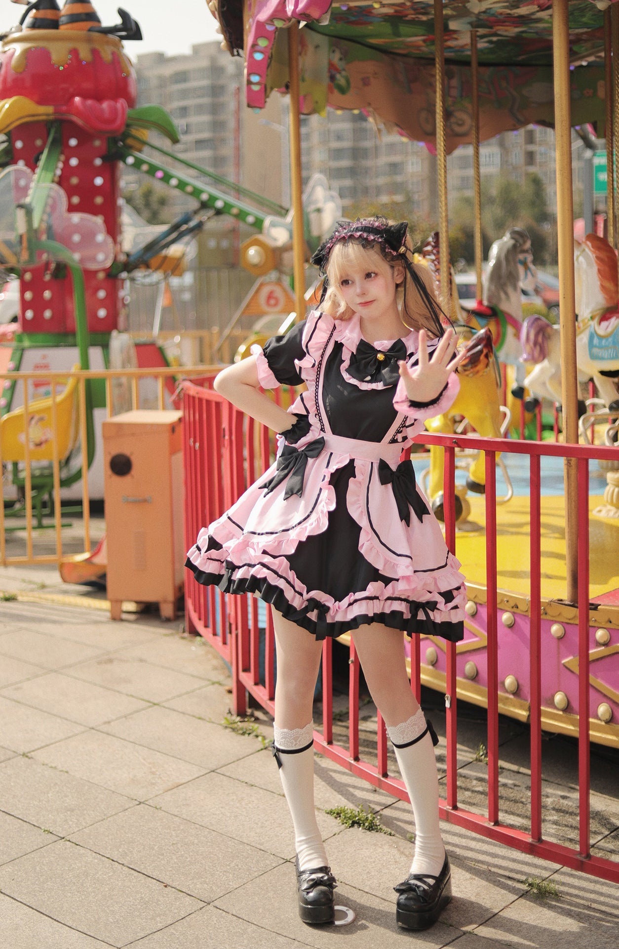Black Pink Large Bow Lolita Maid Outfit Streamer Cosplay Dress
