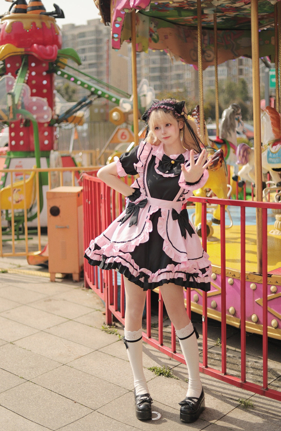 Black Pink Large Bow Lolita Maid Outfit Streamer Cosplay Dress
