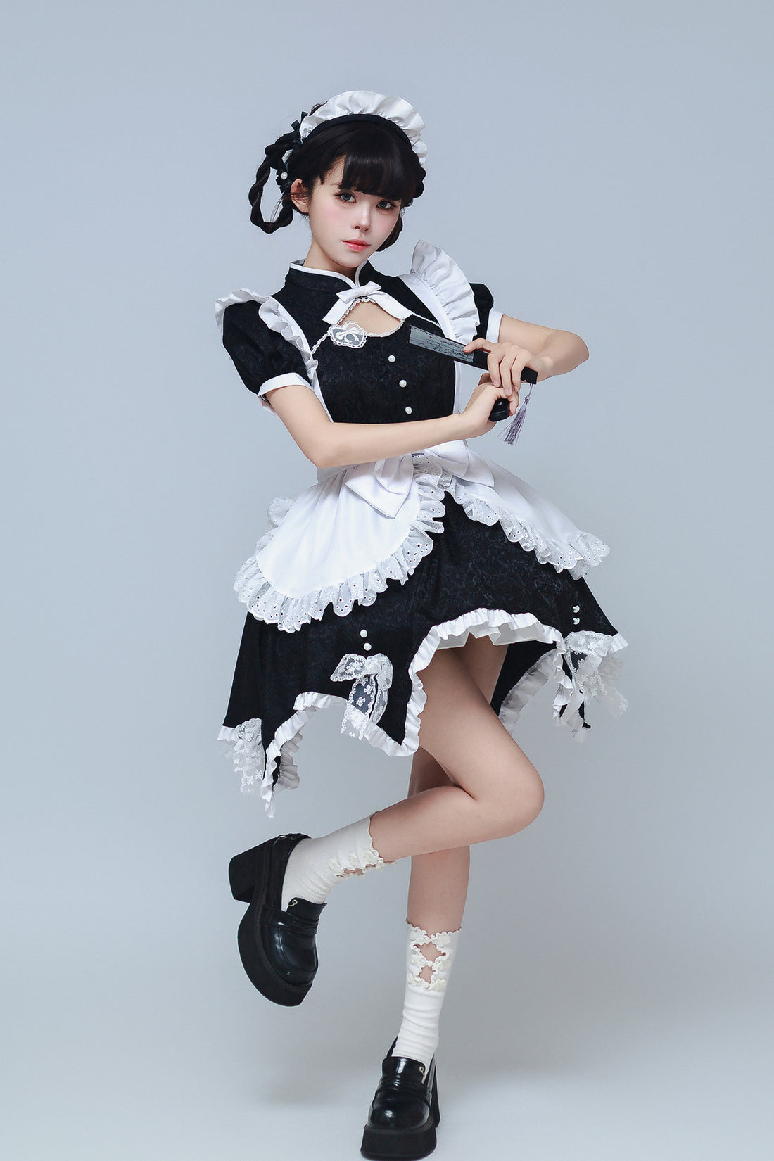 Black & White Jacquard Chinese Qipao Maid Outfit Lolita Cosplay Dress