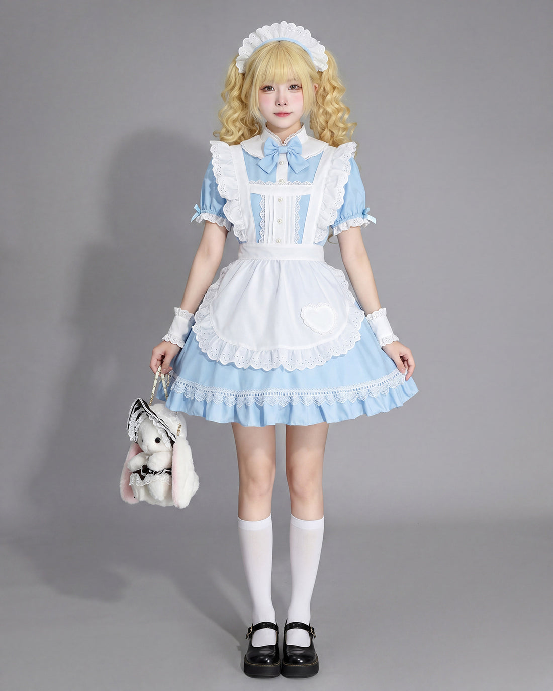 Blue White Alice Maid Outfit Lolita Streamer Cosplay Dress