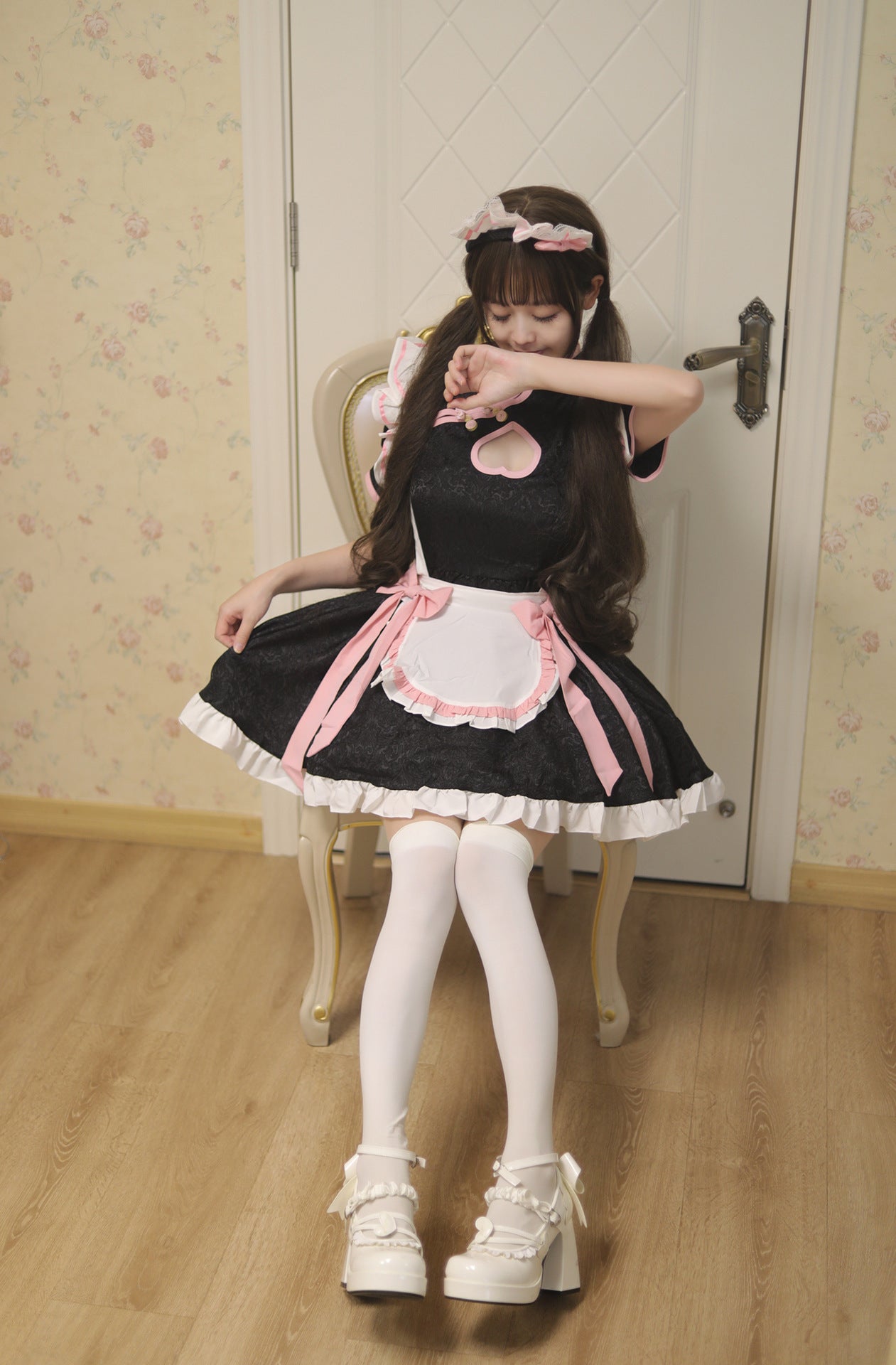 Heart-shaped Cutout Chinese Qipao Maid Outfit Lolita Dress