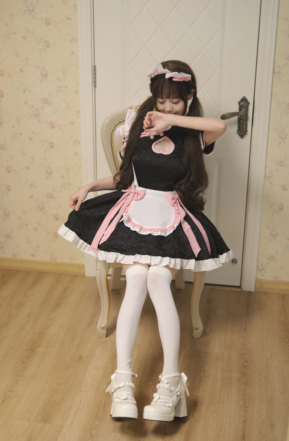 Heart-shaped Cutout Chinese Qipao Maid Outfit Lolita Dress