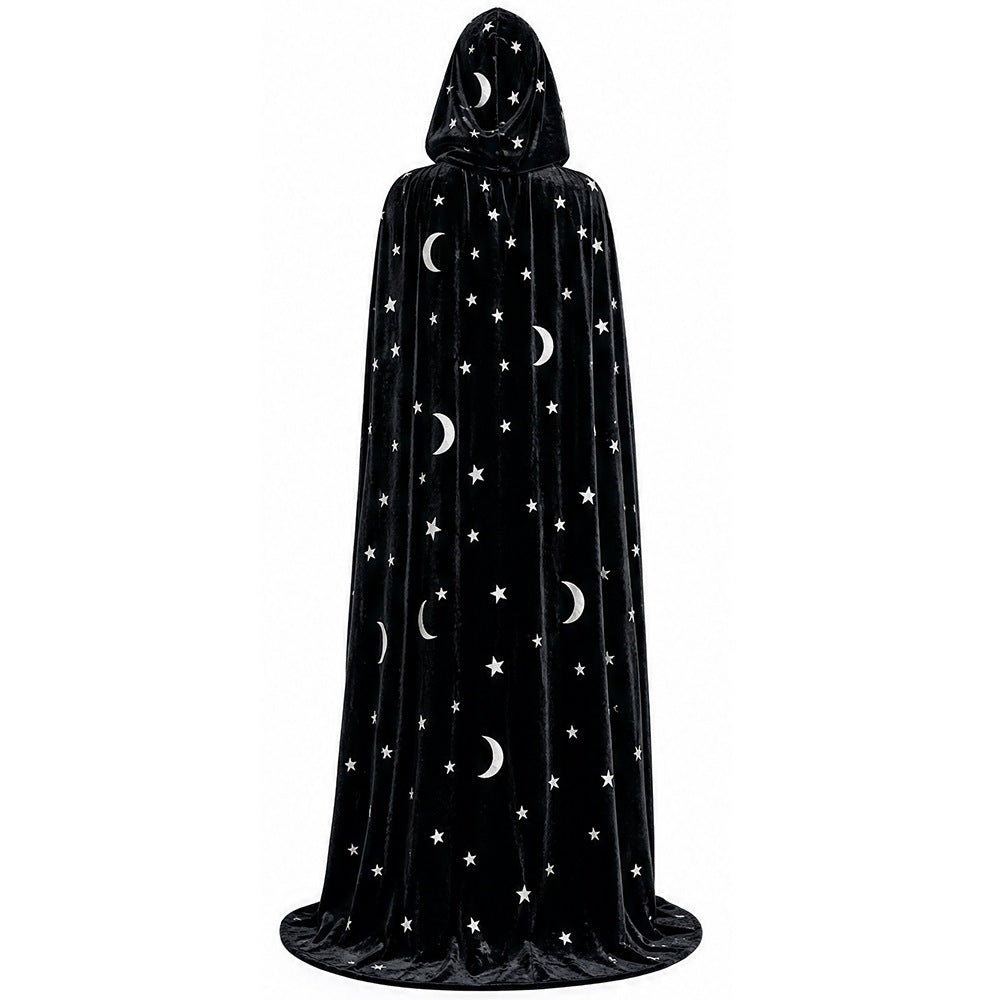 Unisex Adult Velvet Hooded Cloak with Stars and Moon for Halloween Cosplay