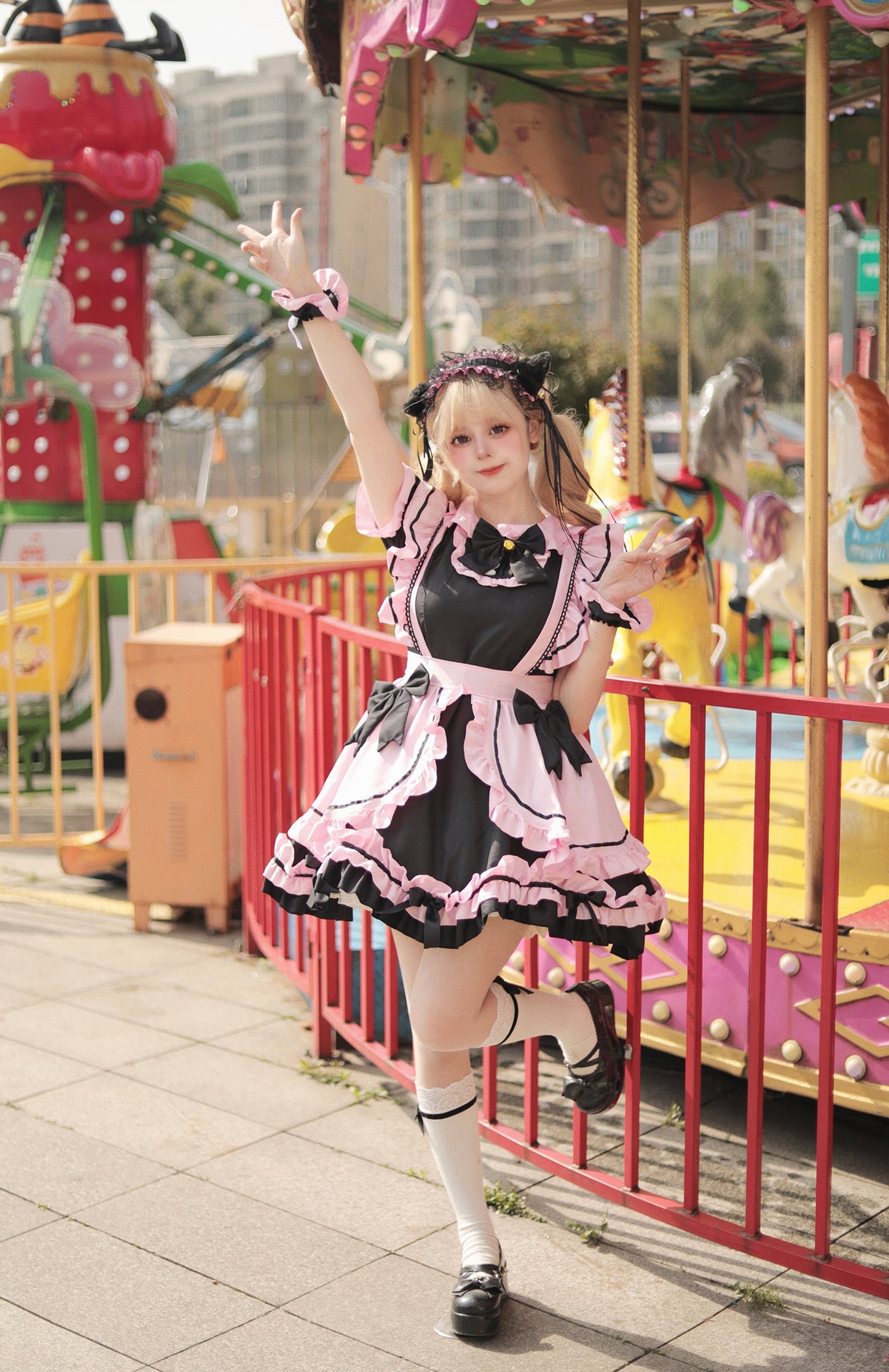 Black Pink Large Bow Lolita Maid Outfit Streamer Cosplay Dress