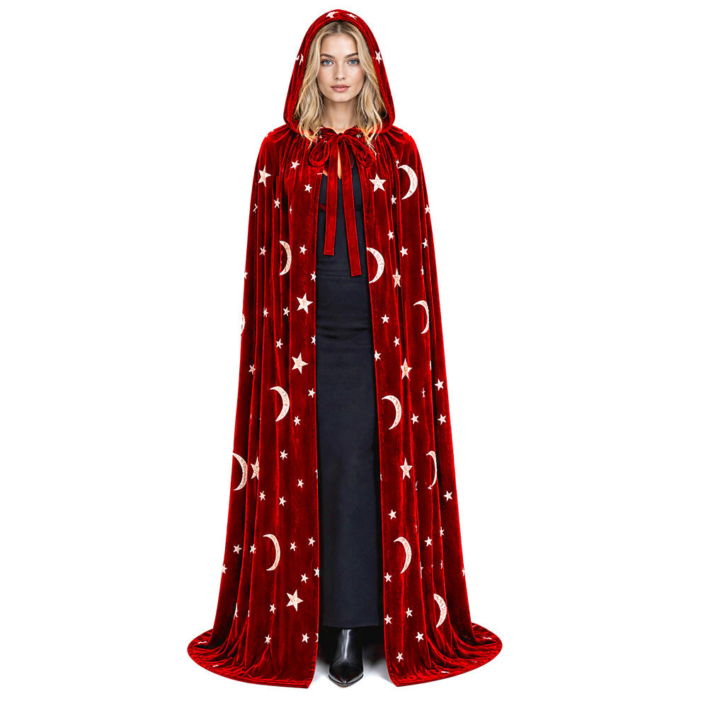 Unisex Adult Velvet Hooded Cloak with Stars and Moon for Halloween Cosplay
