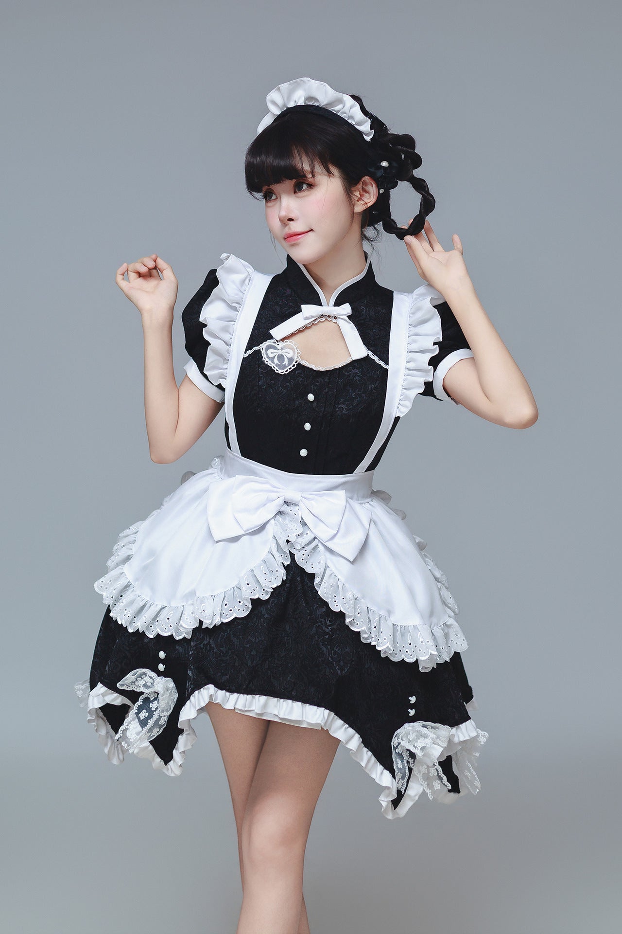 Black & White Jacquard Chinese Qipao Maid Outfit Lolita Cosplay Dress