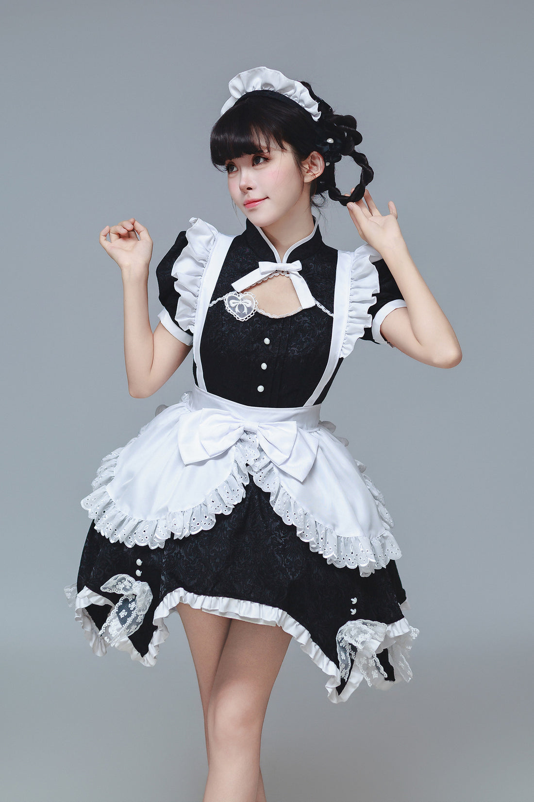 Black & White Jacquard Chinese Qipao Maid Outfit Lolita Cosplay Dress