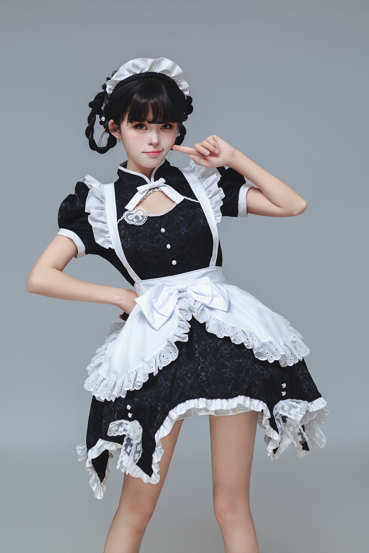 Black & White Jacquard Chinese Qipao Maid Outfit Lolita Cosplay Dress