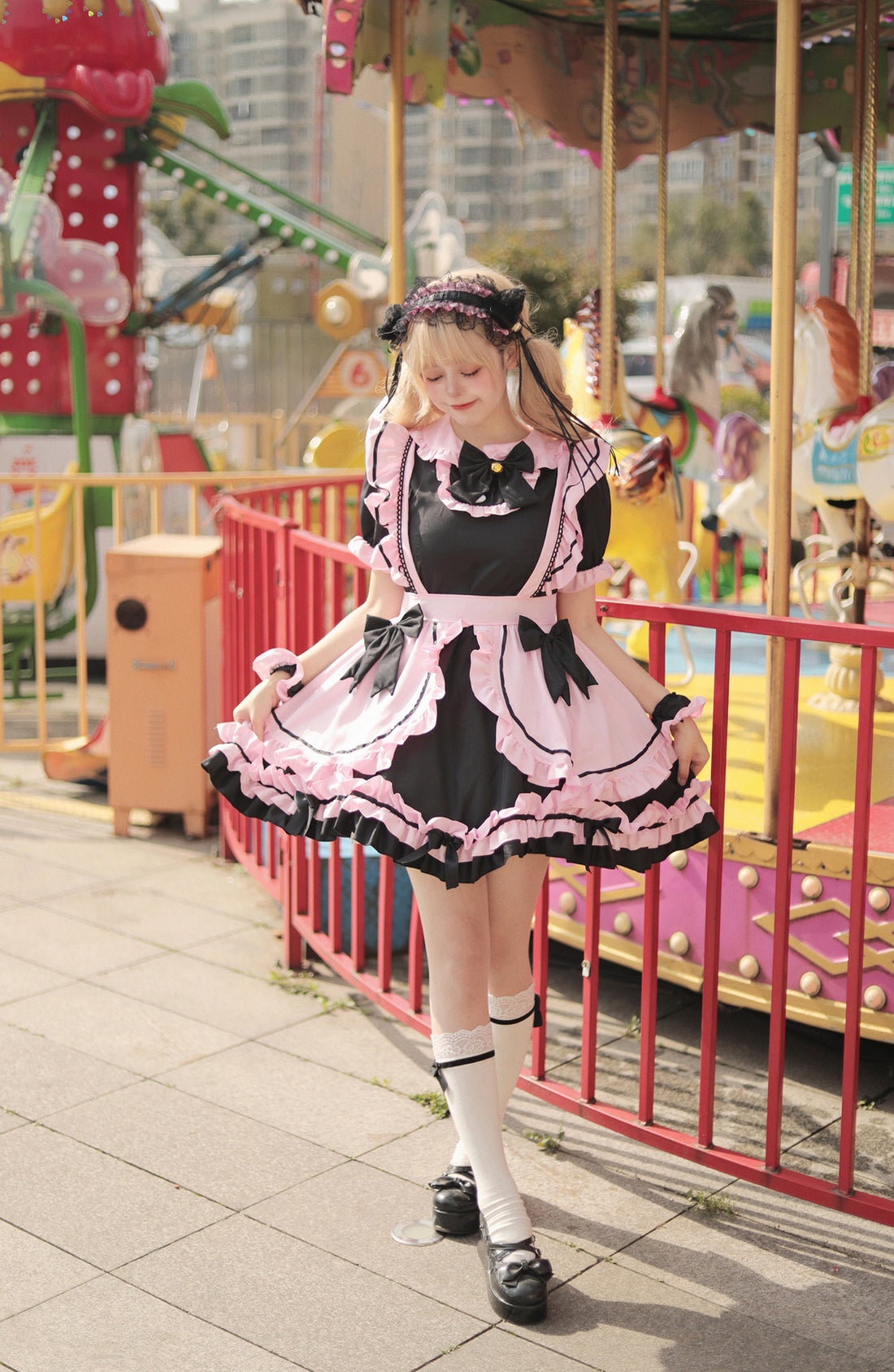 Black Pink Large Bow Lolita Maid Outfit Streamer Cosplay Dress