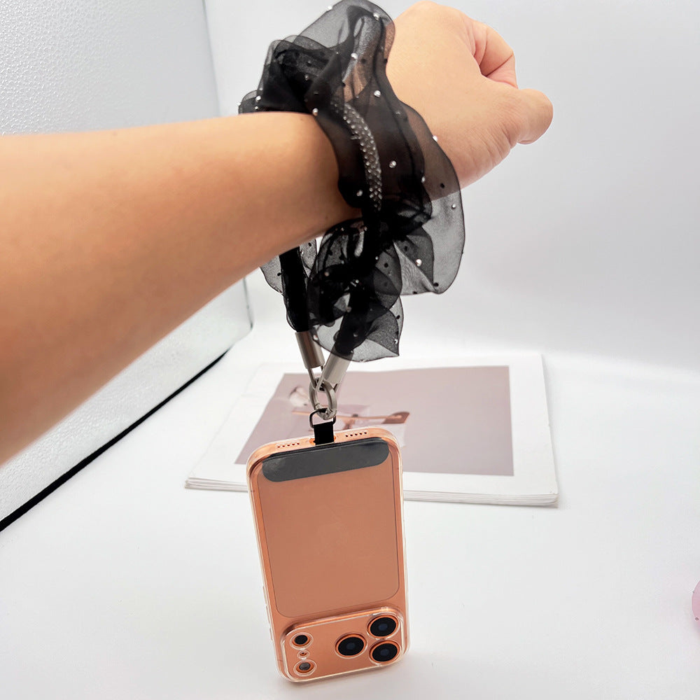 Rhinestones Tulle Wrist Phone Strap with Tether Tabs – Colon-shaped Wristlet & Hand Lanyard