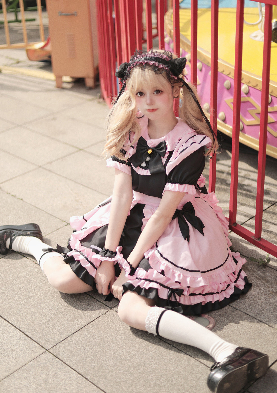 Black Pink Large Bow Lolita Maid Outfit Streamer Cosplay Dress