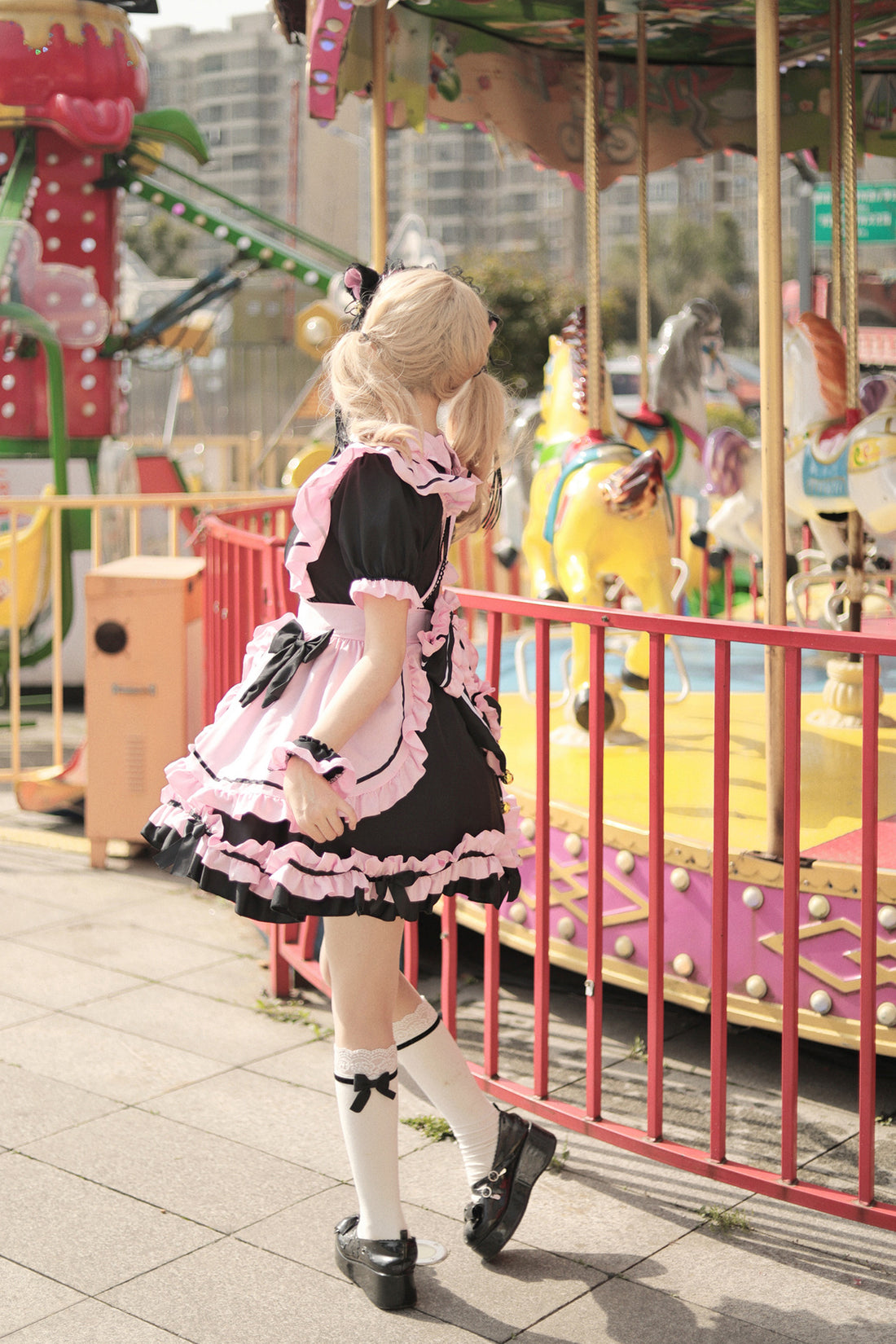 Black Pink Large Bow Lolita Maid Outfit Streamer Cosplay Dress