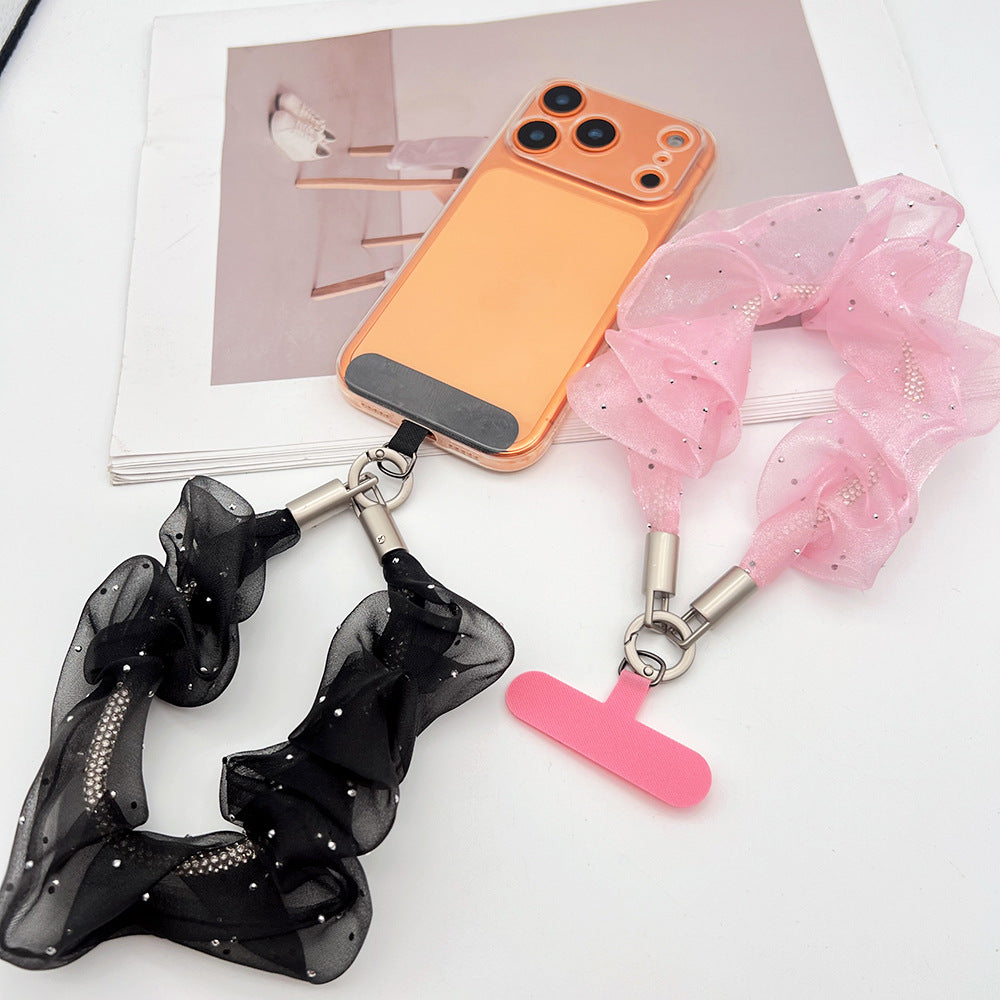 Rhinestones Tulle Wrist Phone Strap with Tether Tabs – Colon-shaped Wristlet & Hand Lanyard