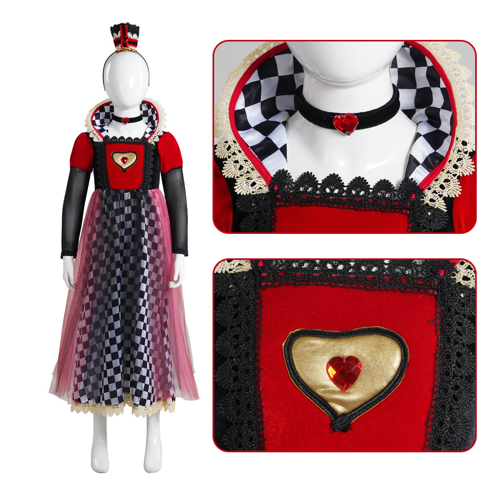 Queen of Hearts Kids Costume - Alice Style Evil Red Queen Halloween Cosplay Dress