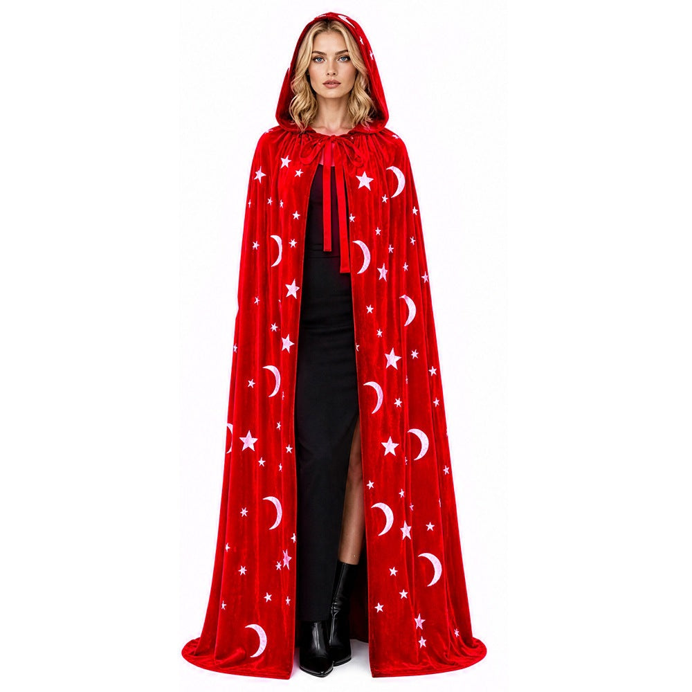Unisex Adult Velvet Hooded Cloak with Stars and Moon for Halloween Cosplay