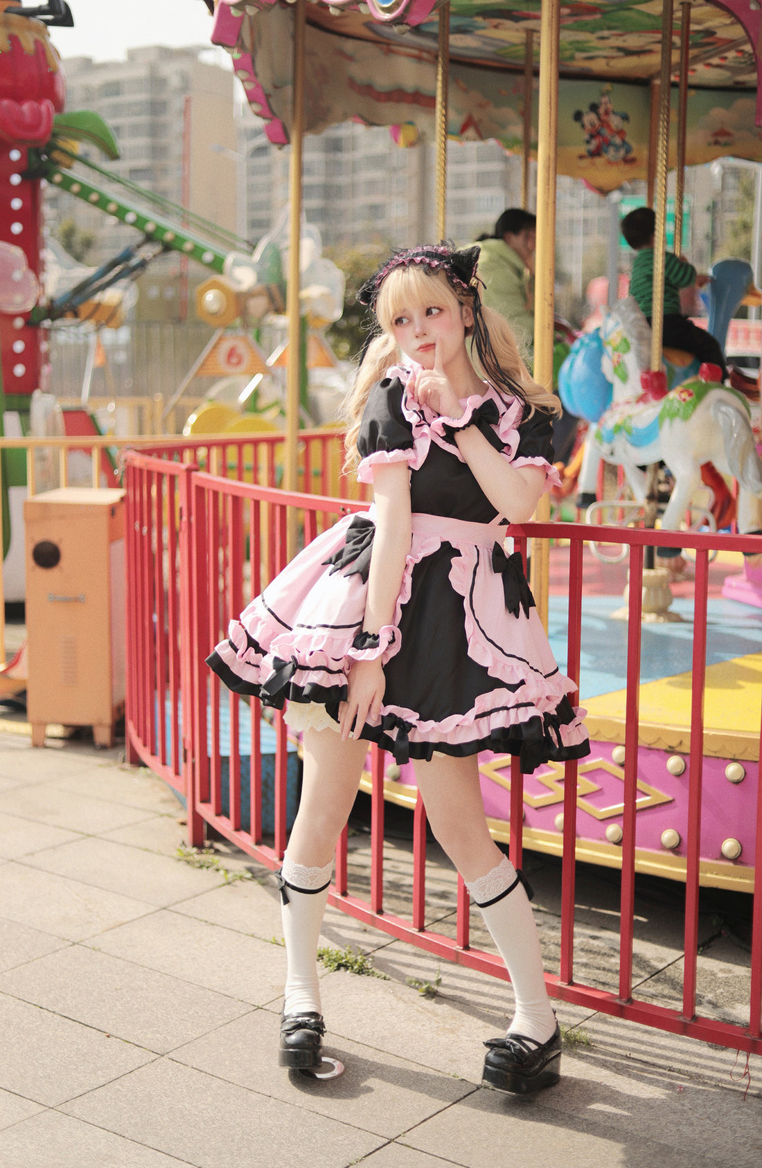 Black Pink Large Bow Lolita Maid Outfit Streamer Cosplay Dress