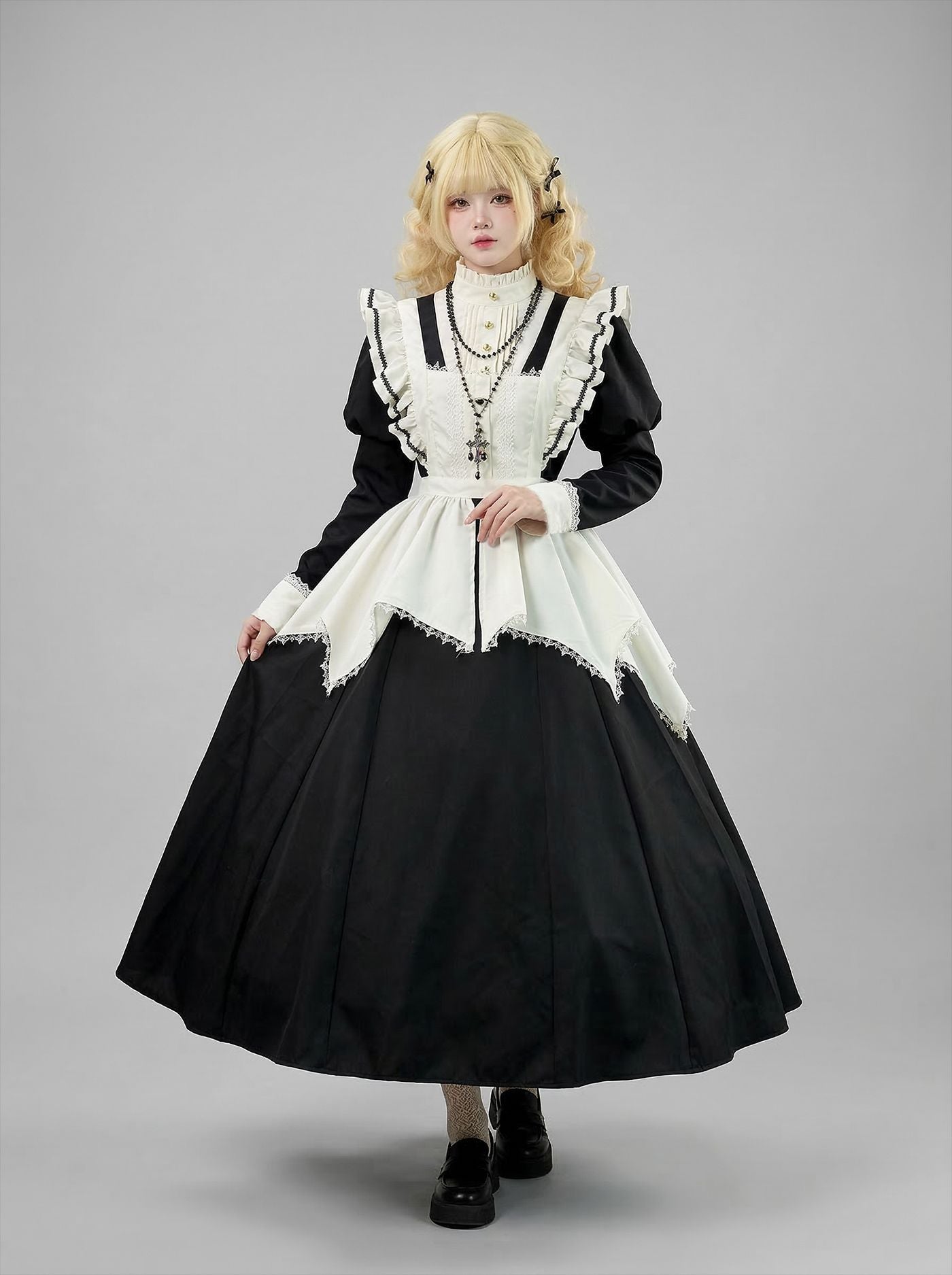 Dark Gothic Long Maid Outfit with Puff Sleeves Cosplay Lolita Dress