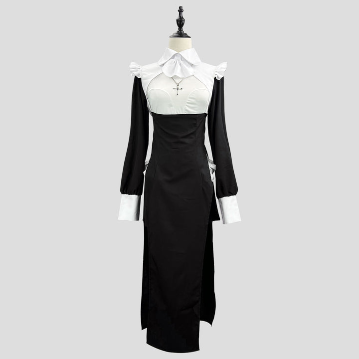 Women's Dark Nun Nurse Cosplay Costume Halloween Long Robe Slim Dress Party Outfit