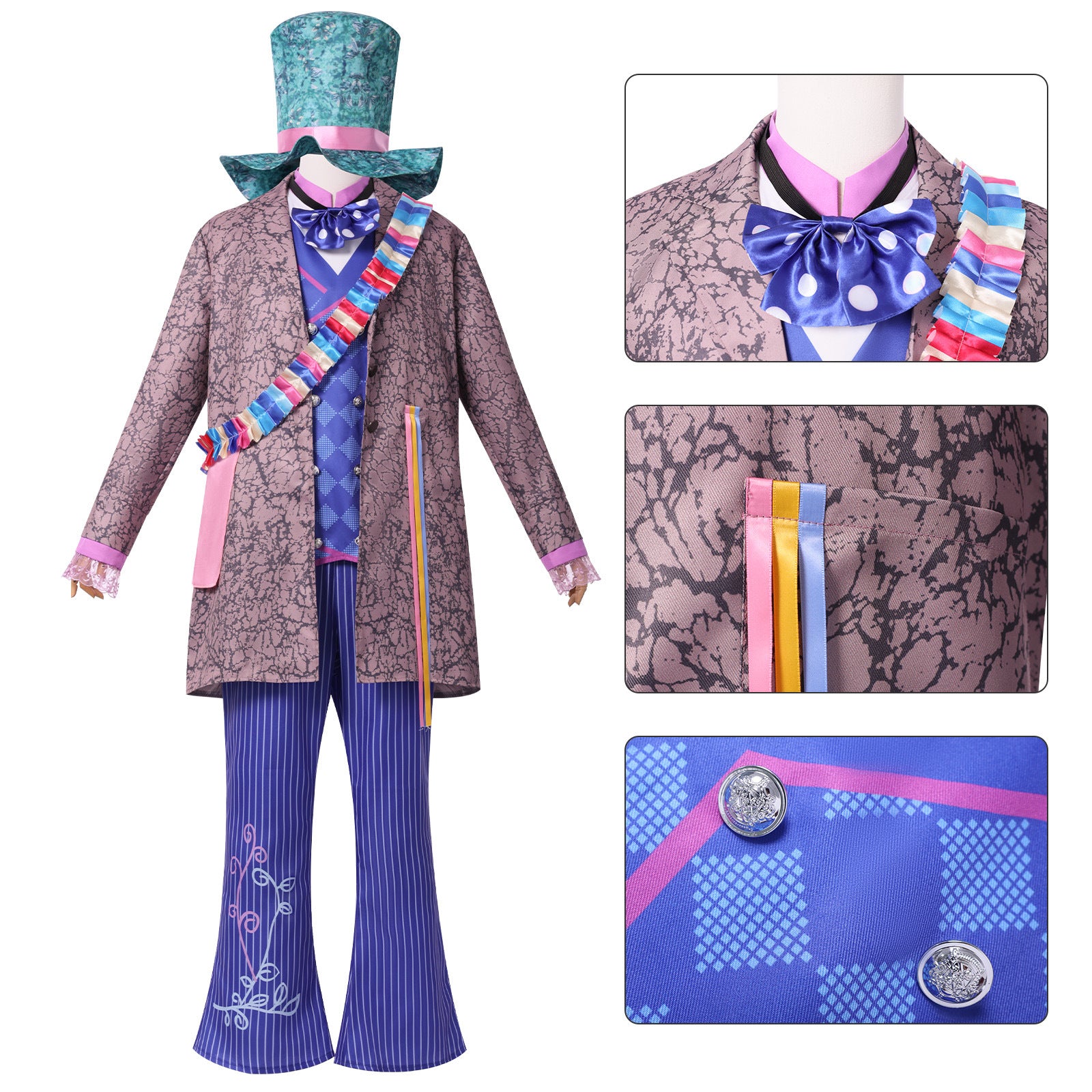 Men's Alice Style Mad Hatter Fancy Suit Cosplay Costume for Halloween Parties