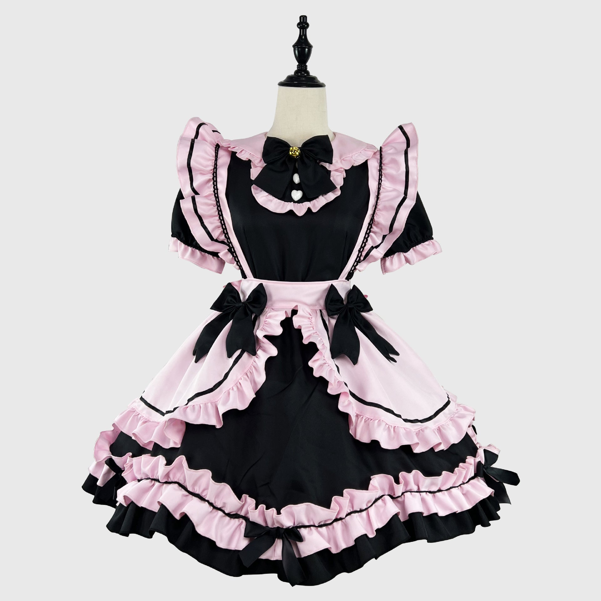 Black Pink Large Bow Lolita Maid Outfit Streamer Cosplay Dress