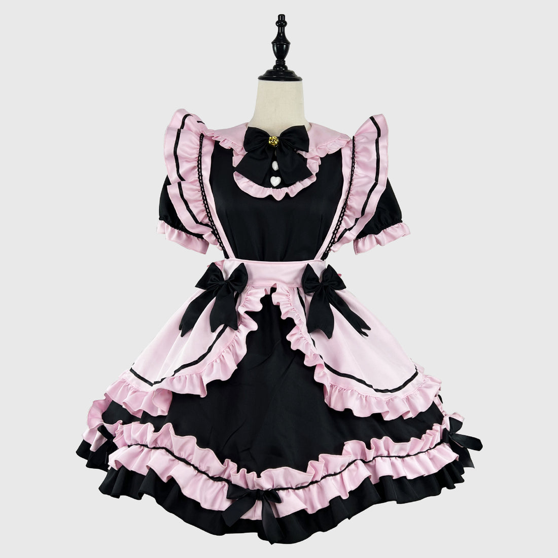 Black Pink Large Bow Lolita Maid Outfit Streamer Cosplay Dress