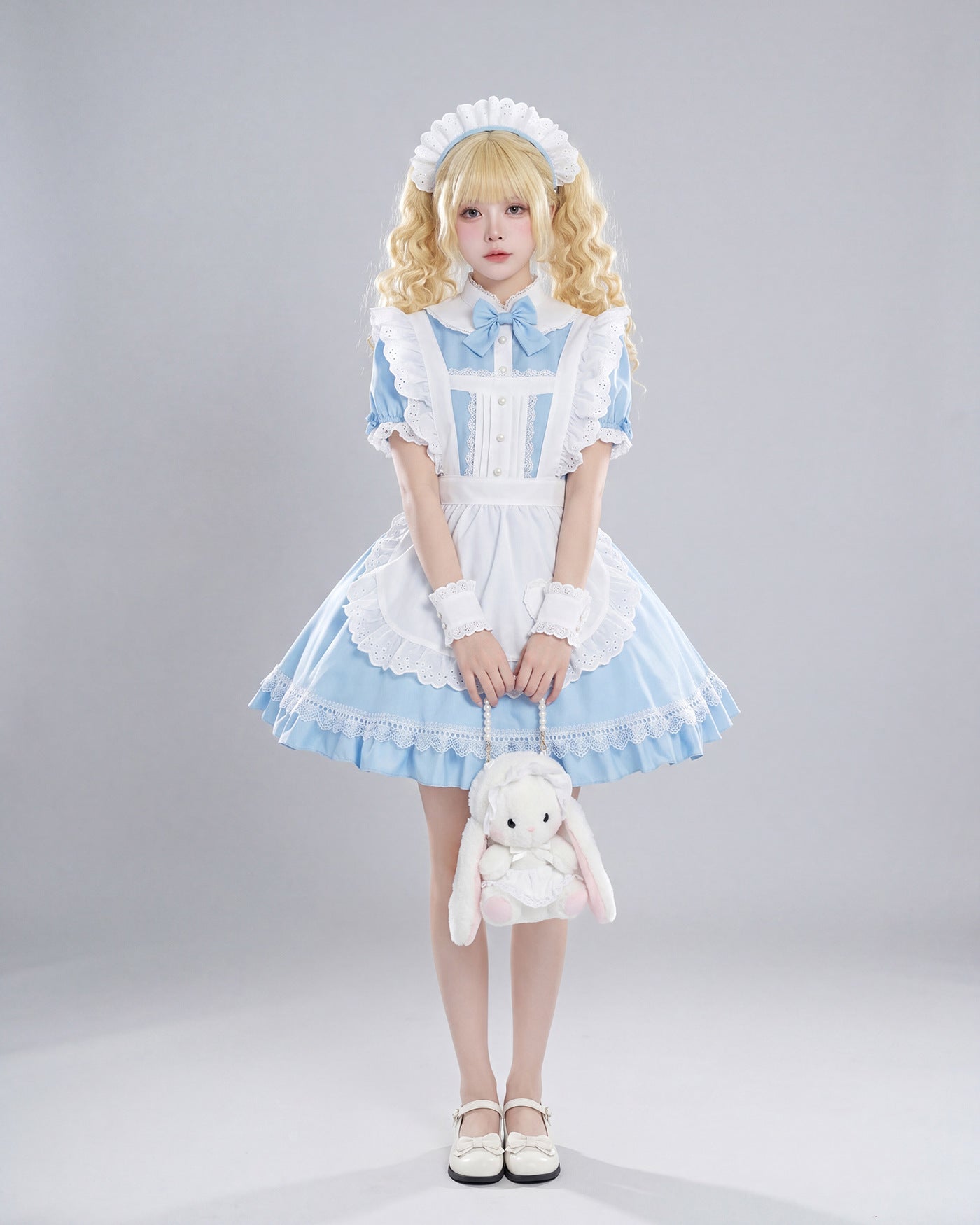 Blue White Alice Maid Outfit Lolita Streamer Cosplay Dress