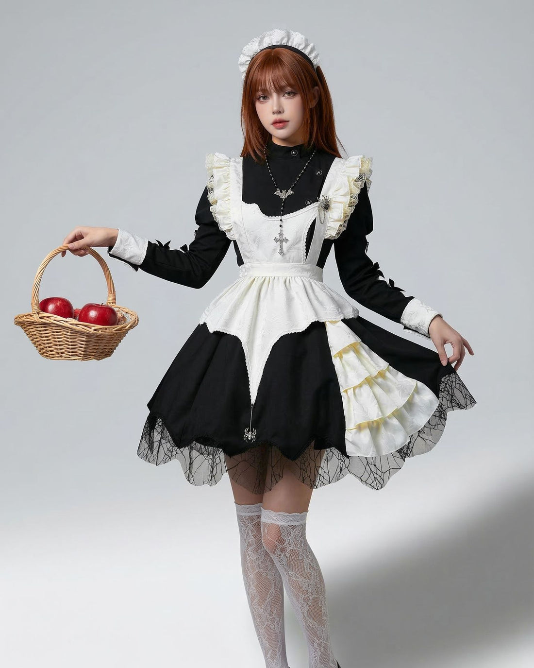 Women Sweet Lolita French Maid Dress Puff Sleeve Anime Cosplay Costume with Apron