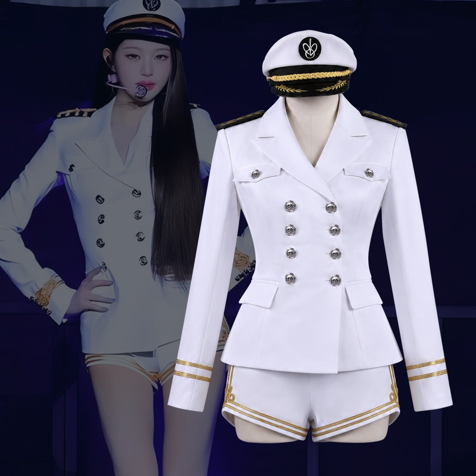 K-Pop Girl IVE Jang Won Young Same Style White Sailor Navy Uniform Stage Outfit