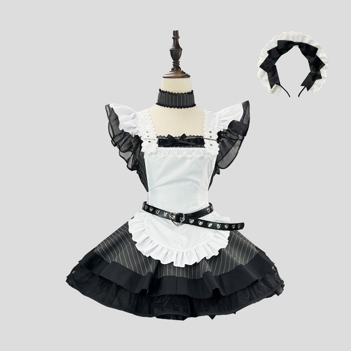 White Striped Retro Lolita Maid Outfit Subculture Cosplay Dress