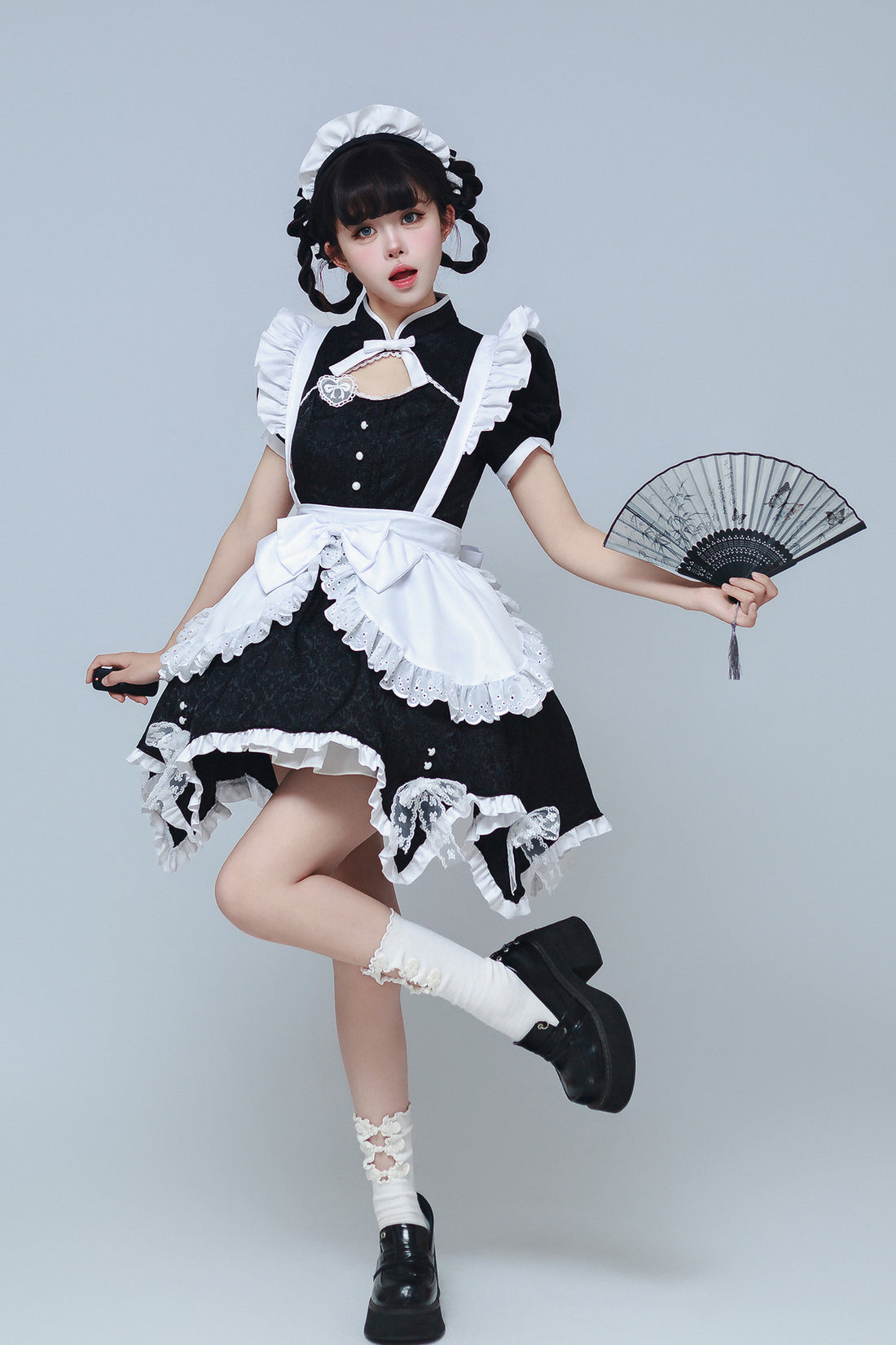 Black & White Jacquard Chinese Qipao Maid Outfit Lolita Cosplay Dress