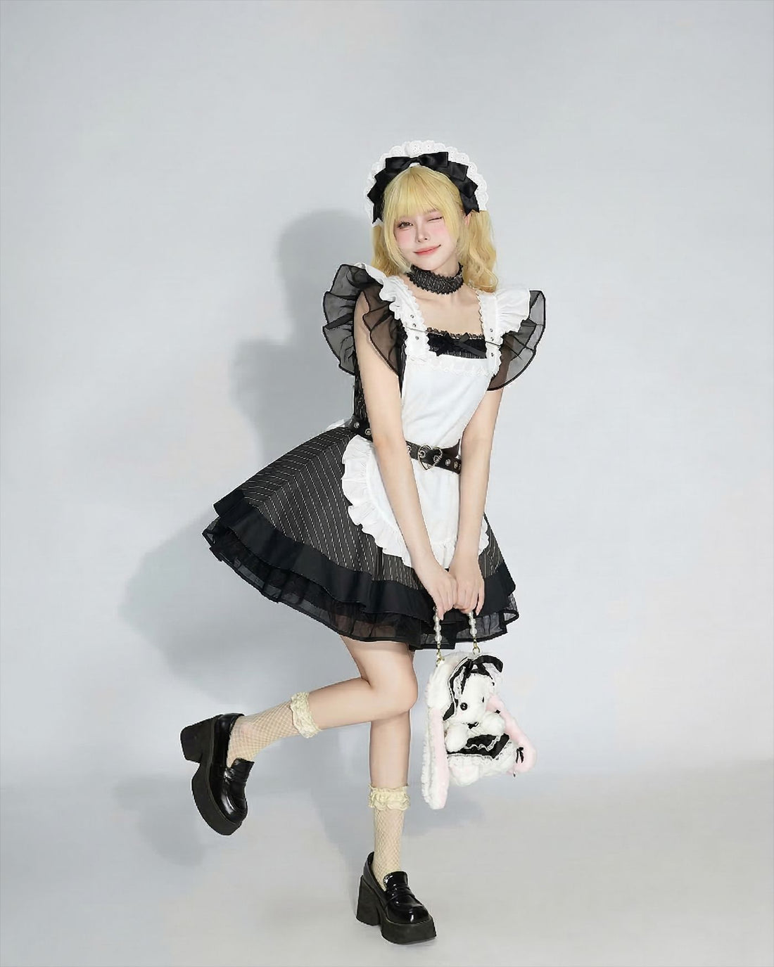 White Striped Retro Lolita Maid Outfit Subculture Cosplay Dress