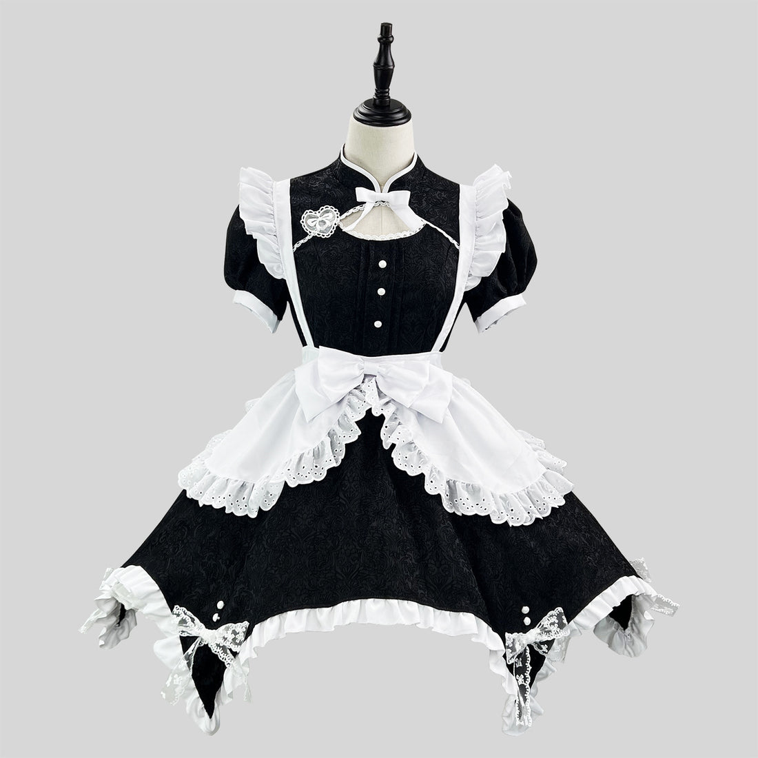 Black & White Jacquard Chinese Qipao Maid Outfit Lolita Cosplay Dress